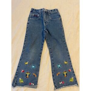 Vintage 90s Kids Caramba Blue Denim Flar Jeans w/ Turtles & Mushrooms